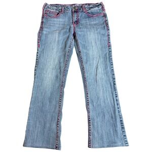 Cowgirl Tuff Jean Women 33x29 Blue Bootcut Med Wash Pink Thick Stitch Distressed